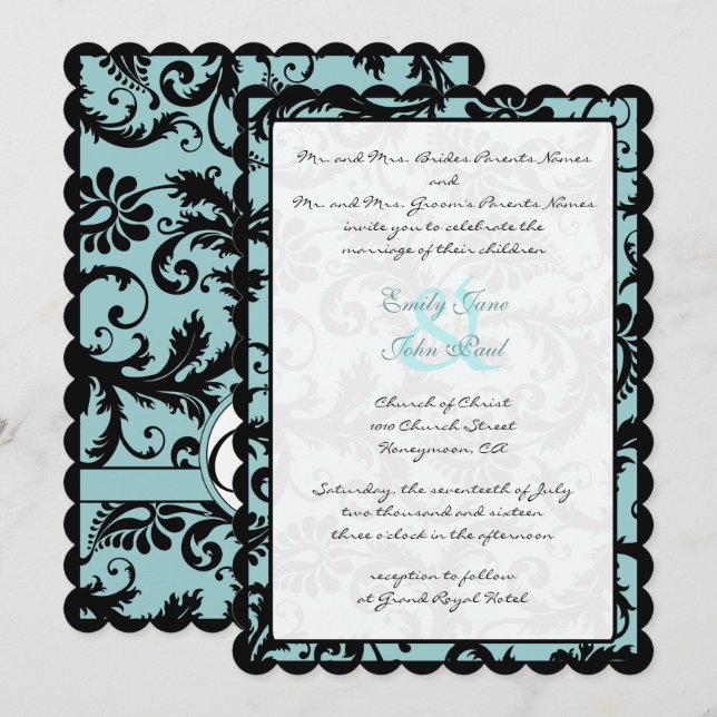 Invitación a la boda azul de Aqua Black Damask (Anverso / Reverso)