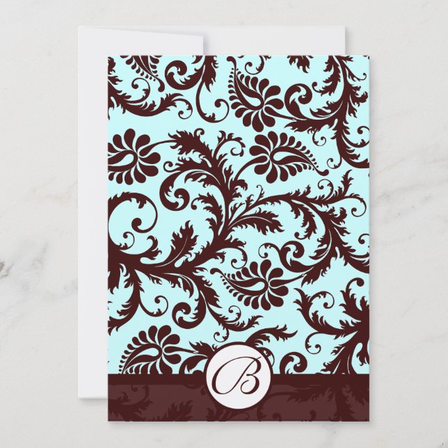Invitación a la Boda Azul de Aqua, Damasco Marrón  (Anverso)