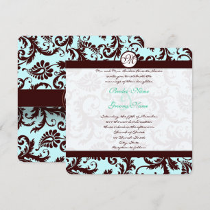 Invitación a la Boda Azul de Aqua, Damasco Marrón 