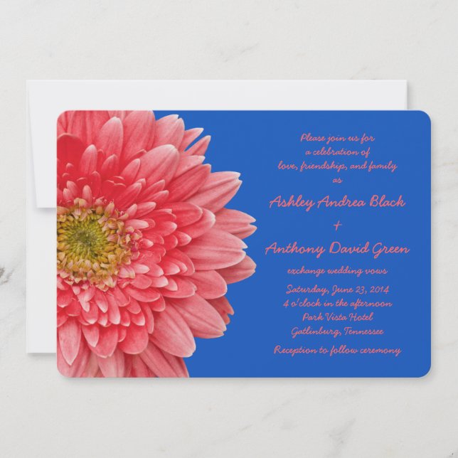 Invitación a la boda azul de Coral Gerbera Daisy (Anverso)