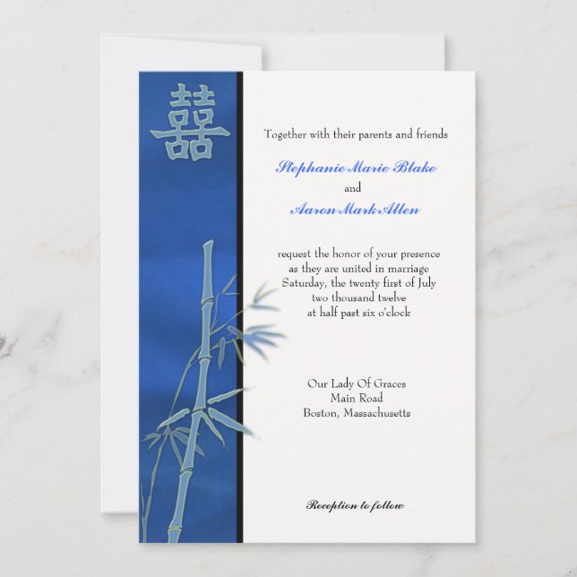 Invitación a la Boda Azul de Doble Felicidad Asiát (Anverso)