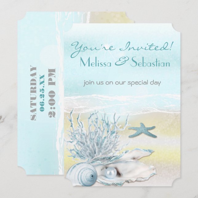 Invitación a la boda azul de Dream Shore Beach (Anverso / Reverso)