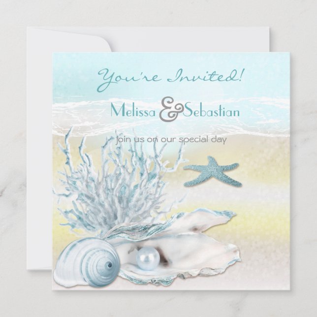 Invitación a la boda azul de Dream Shore Beach (Anverso)