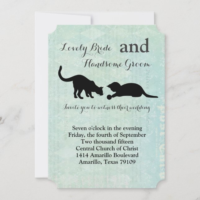 Invitación a la boda azul de época de gatos juguet (Anverso)