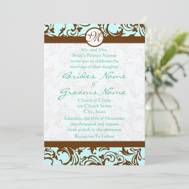Invitación a la Boda Azul de la Luz de Damasco Mar (Anverso de pie)