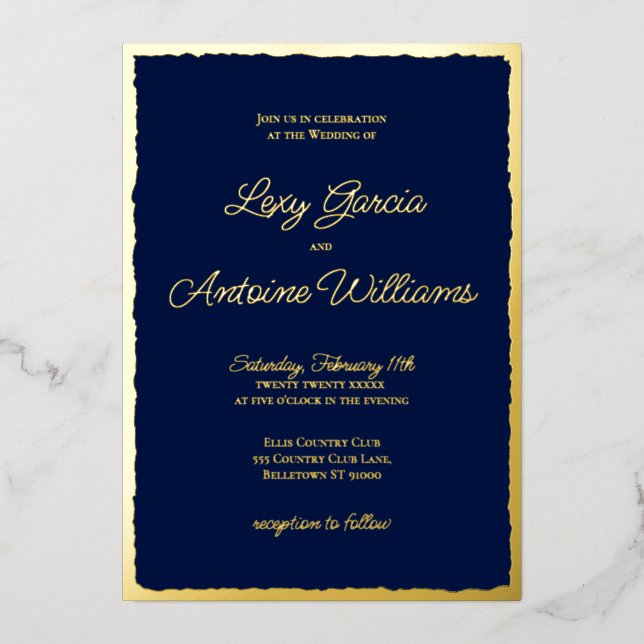 Invitación a la boda azul de la marina de lujo Gol (Anverso)