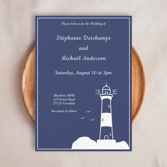 Invitación a la boda azul de la Marina del Faro (Lighthouse Navy Blue Wedding Invitation)