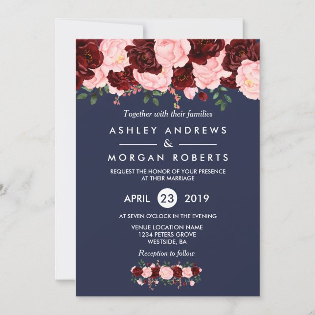 Invitación a la boda azul de la Marina floral rosa (Anverso)