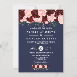 Invitación a la boda azul de la Marina floral rosa
