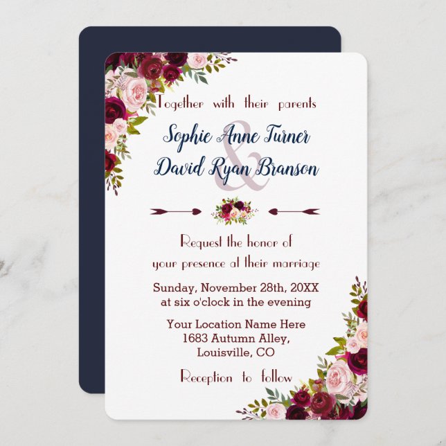 Invitación a la boda azul de la Marina Floral Rust (Anverso / Reverso)