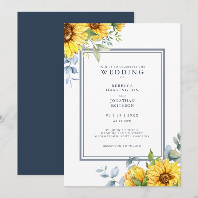 Invitación a la boda azul de la marina girasol acu (Anverso / Reverso)