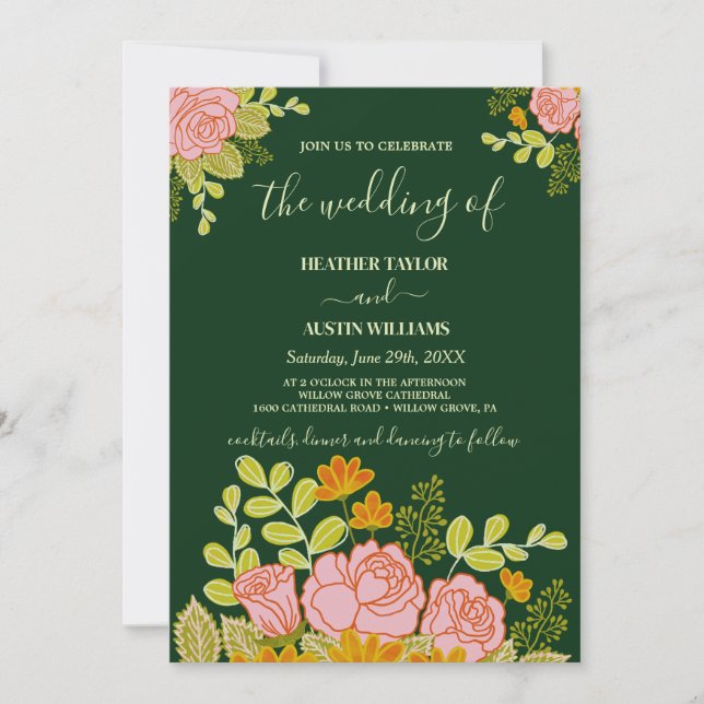Invitación a la Boda Azul de la Marina Oscura Flor (Anverso)