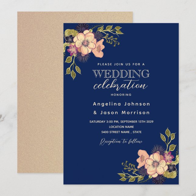 Invitación a la boda azul de la marina rosa floral (Anverso / Reverso)