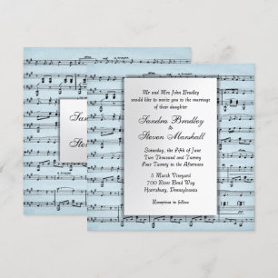 Invitación a la boda azul de la música de la hoja