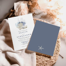 Invitación a la boda azul de la playa de conchas m