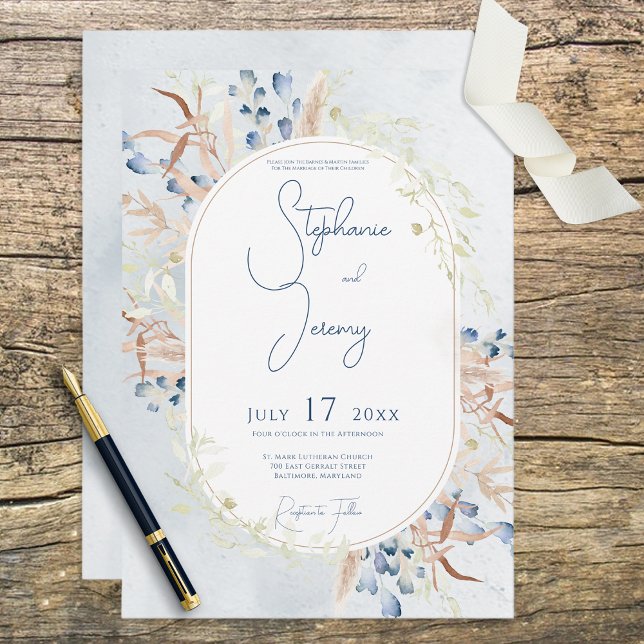 Invitación a la boda azul de las flores de boho se (Subido por el creador)
