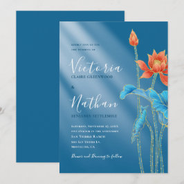 Invitación a la boda azul de las flores de Lotus m