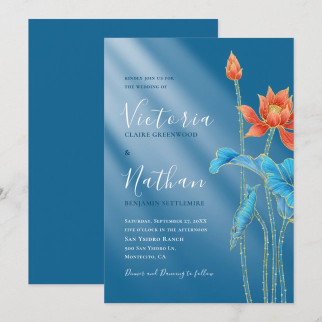 Invitación a la boda azul de las flores de Lotus m (Anverso / Reverso)