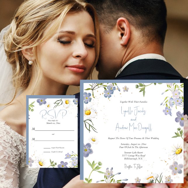 Invitación a la boda azul de las flores de verano (Summer Flowers Blue Wedding Invitation and RSVP Card)
