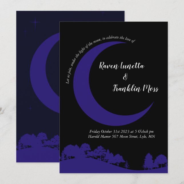 Invitación a la boda azul de medianoche de la luna (Anverso / Reverso)