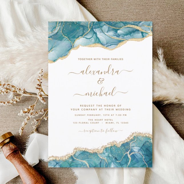 Invitación a la boda azul de oro Verde azulado y t (Subido por el creador)