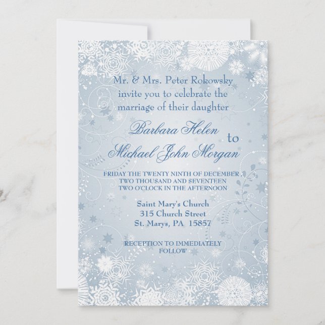 Invitación a la boda azul de plata blanca con copo (Anverso)