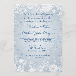 Invitación a la boda azul de plata blanca con copo