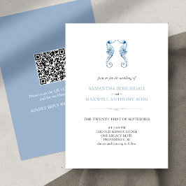 Invitación a la boda azul de playa con código QR