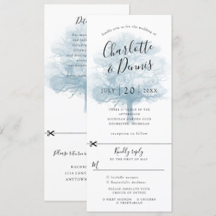 Invitación a la boda azul de roble con rsvp adjunt