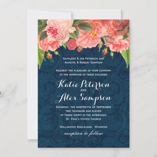 Invitación a la boda azul de Shabby Chic Coral y M (Anverso)