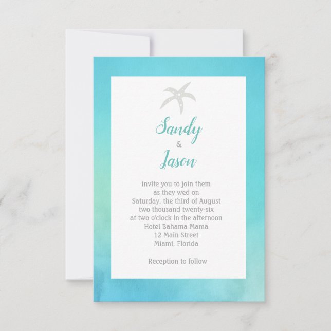 Invitación a la boda azul de Starfish Beach Aqua (Anverso)