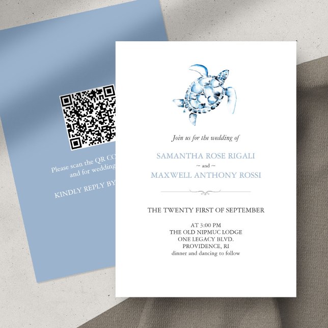 Invitación a la boda azul de tortuga marina con có (beach wedding invitation virtual QR code watercolor sea turtle )