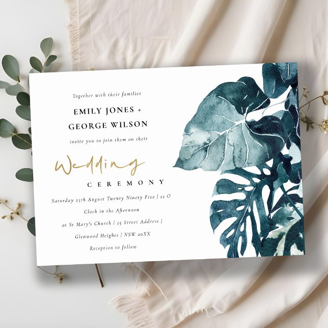 Invitación a la boda azul del follaje tropical de  (Subido por el creador)