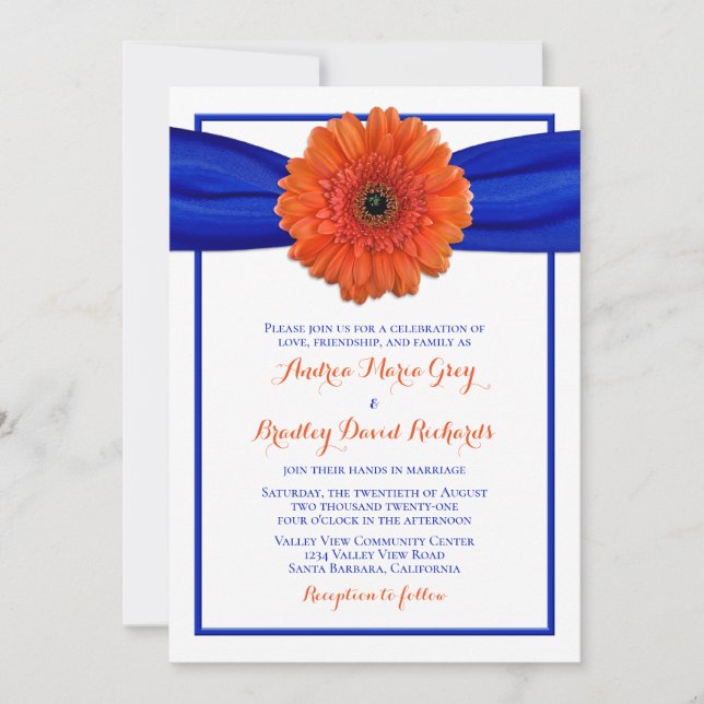 Invitación a la boda azul del naranja Gerbera Dais (Anverso)