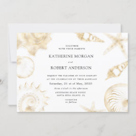Invitación a la boda azul dorada en la playa