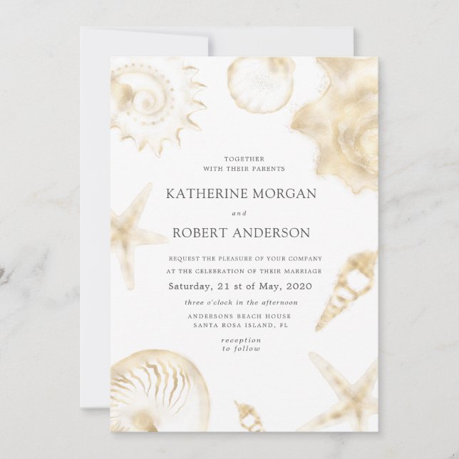 Invitación a la boda azul dorada en la playa (Anverso)