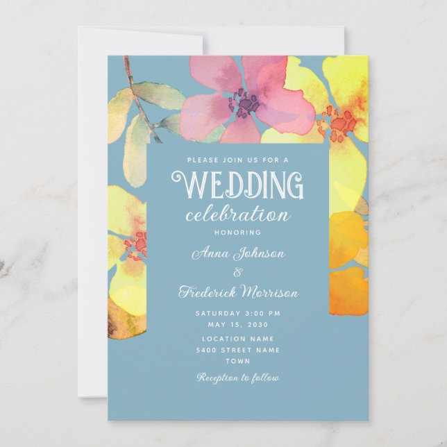 Invitación a la boda azul dura con flores rosadas  (Anverso)