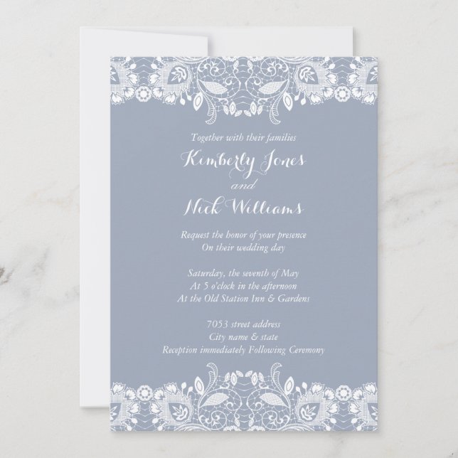 Invitación a la Boda Azul Dusty Lace Blanco Dulce (Anverso)