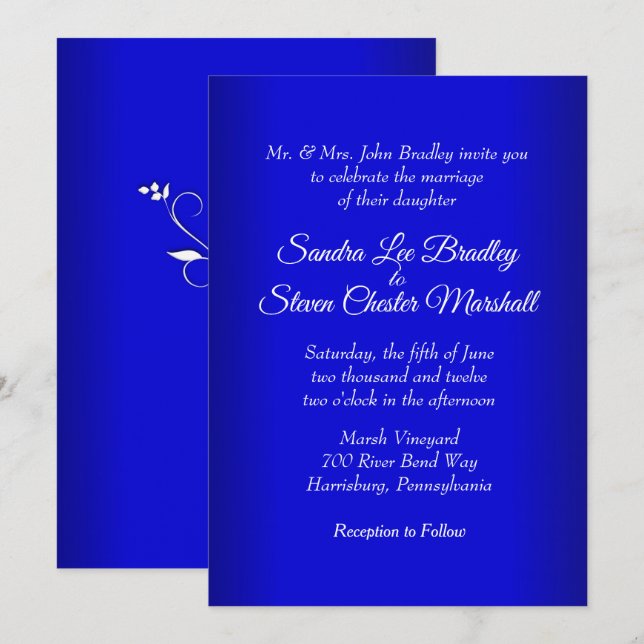 Invitación a la boda azul eléctrica 5" x 7" (Anverso / Reverso)