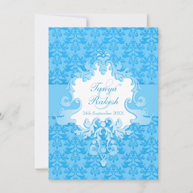 Invitación a la boda azul elefante damask aqua (Anverso)