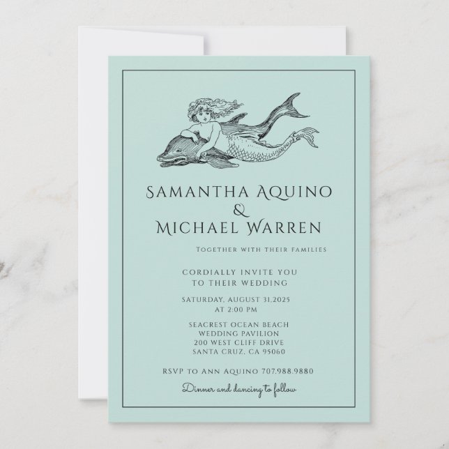 Invitación a la boda azul en la playa de la Sirena (Anverso)