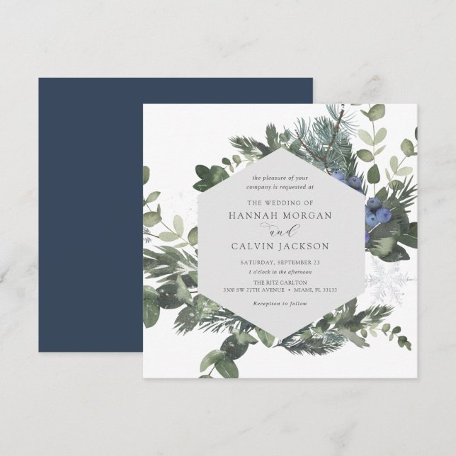 Invitación a la Boda Azul Evergreen de invierno (Anverso / Reverso)