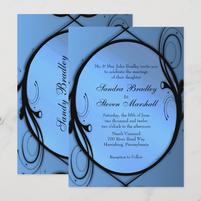 Invitación a la Boda Azul Fancy (Anverso / Reverso)