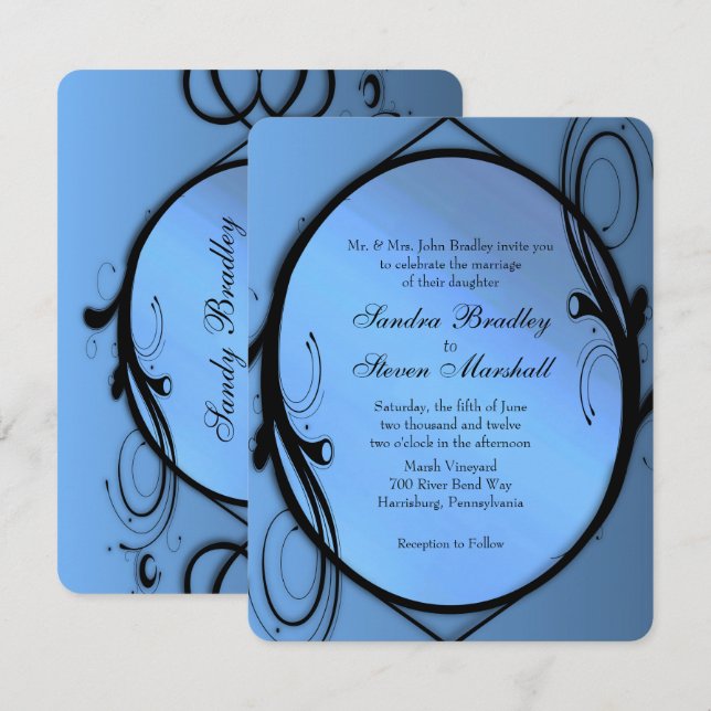 Invitación a la Boda Azul Fancy (Anverso / Reverso)