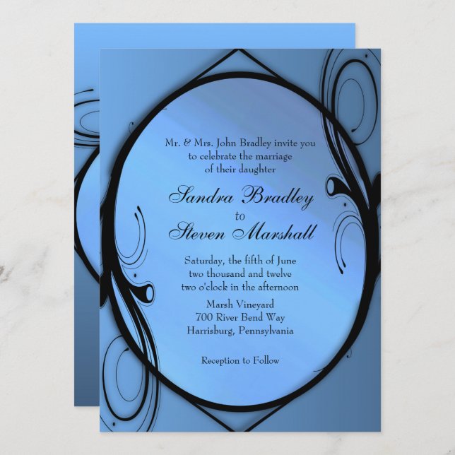 Invitación a la Boda Azul Fancy (Anverso / Reverso)