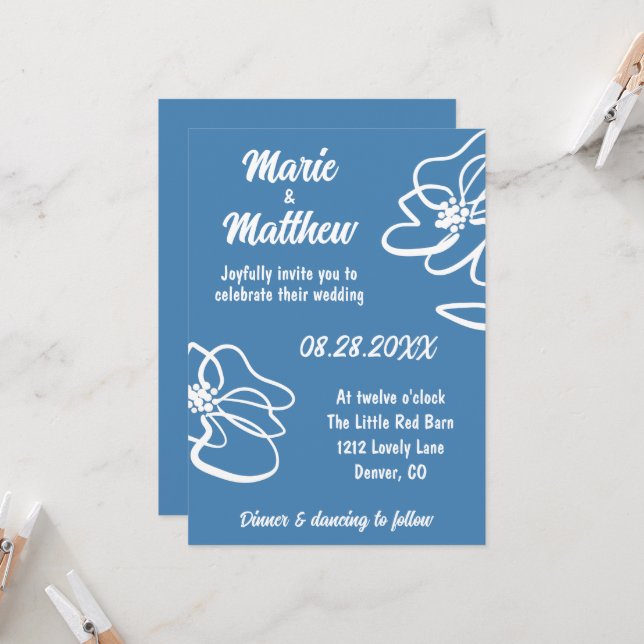 Invitación a la Boda Azul Floral Clásica y Moderna (Anverso/Reverso In Situ)