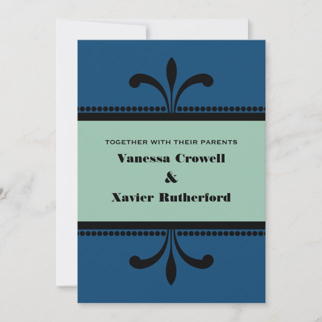 Invitación a la boda azul/jade Fancy Art Deco (Anverso)