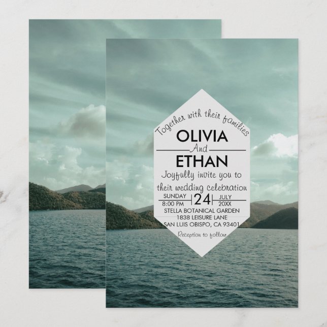 Invitación a la boda azul marina en la playa (Anverso / Reverso)