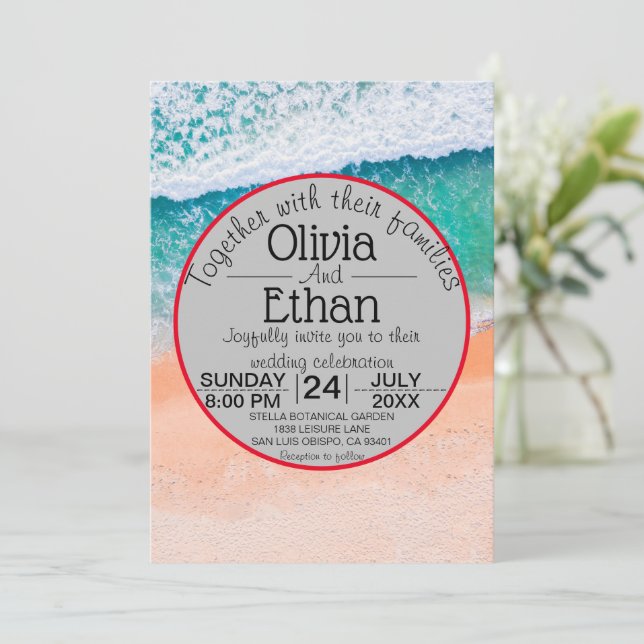 Invitación a la boda azul marina en la playa (Anverso de pie)