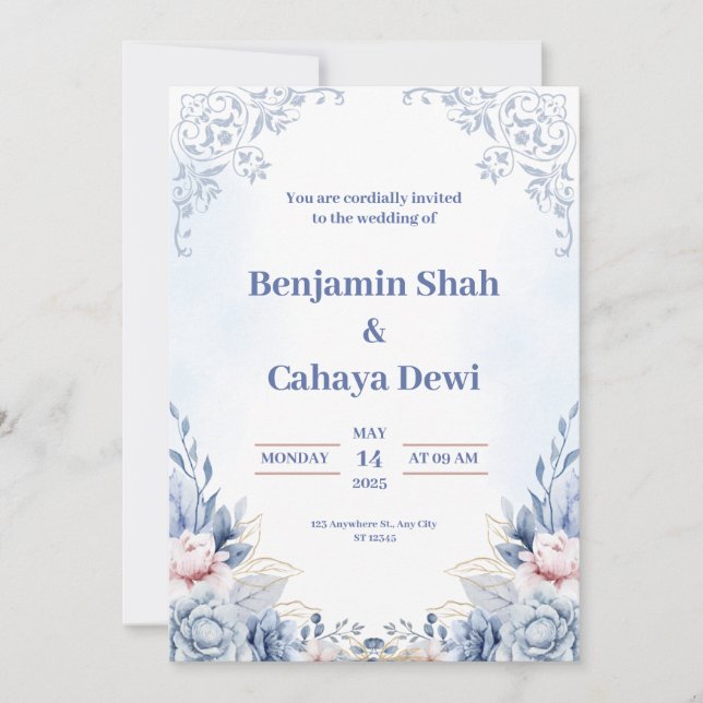 Invitación a la boda azul moderna (Anverso)